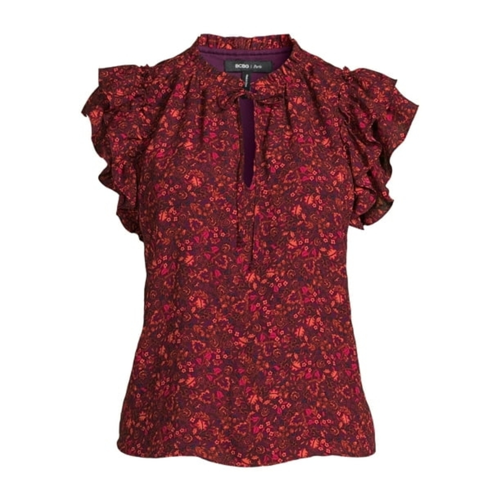 BCBG Red Ruffled Mandarin Collar Blouse